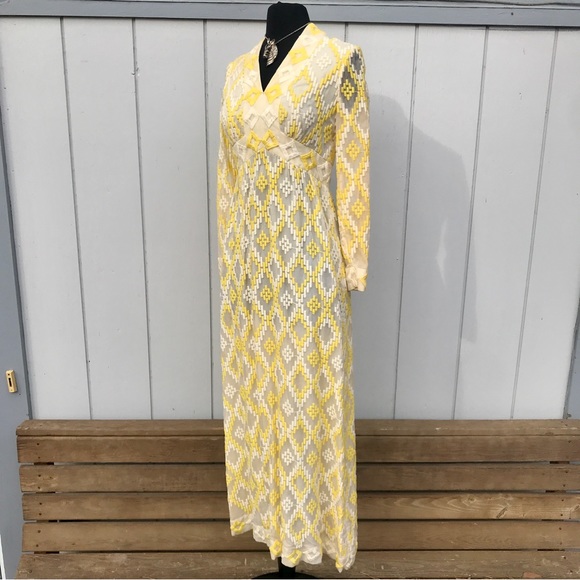 Vintage 60s Embroidered Jerry Marsch Yellow Chiffon Maxi Dress - Picture 6 of 15